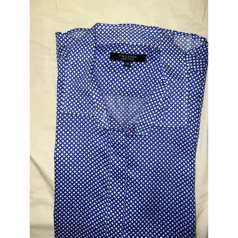 TM Lewin Blue Print Fully Fitted Button-Down Shirt - UK Size 18; US 16